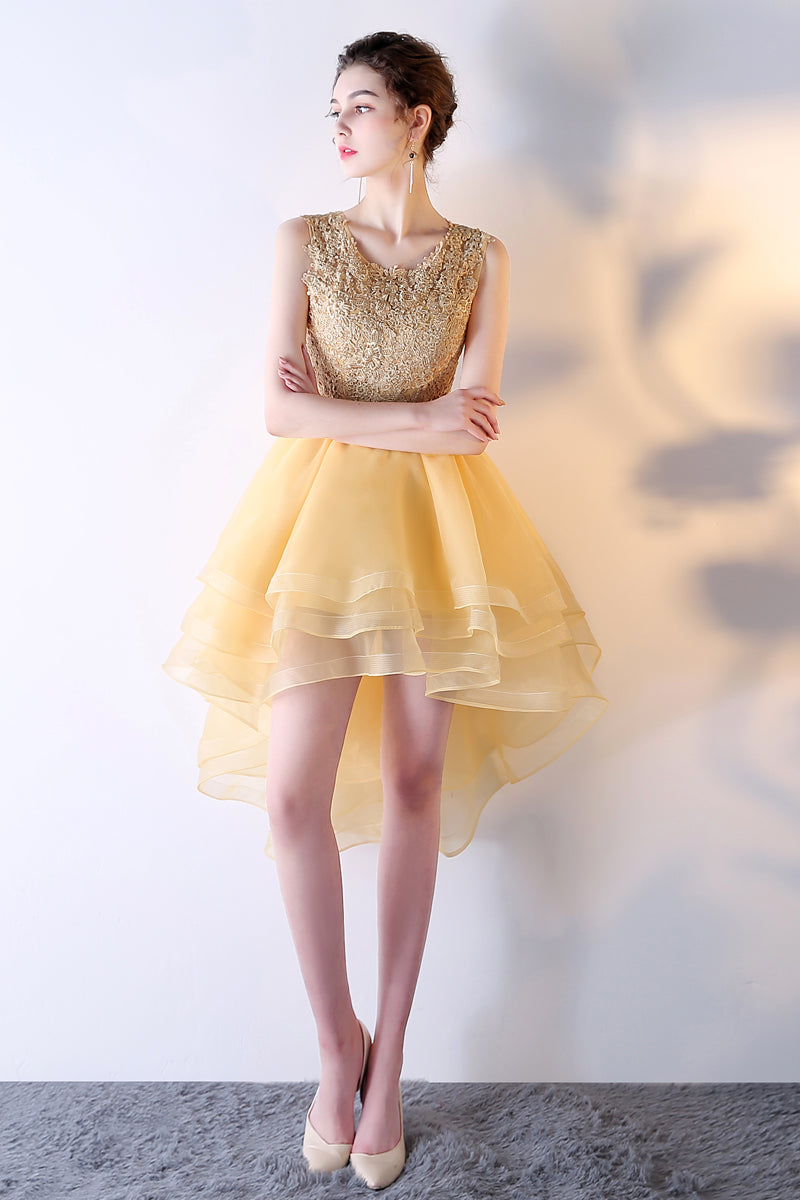Light Yellow Organza and Lace High Low Party Dress, Short Cute Prom Dr Cutedressy Light Yellow Organza and Lace High Low Party Dress, Short Cute Prom Dr Cutedressy