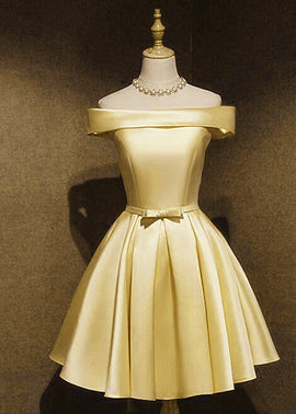 Light Yellow Satin Off Shoulder Knee Length Party Dress Prom Dress, Short Homecoming Dress