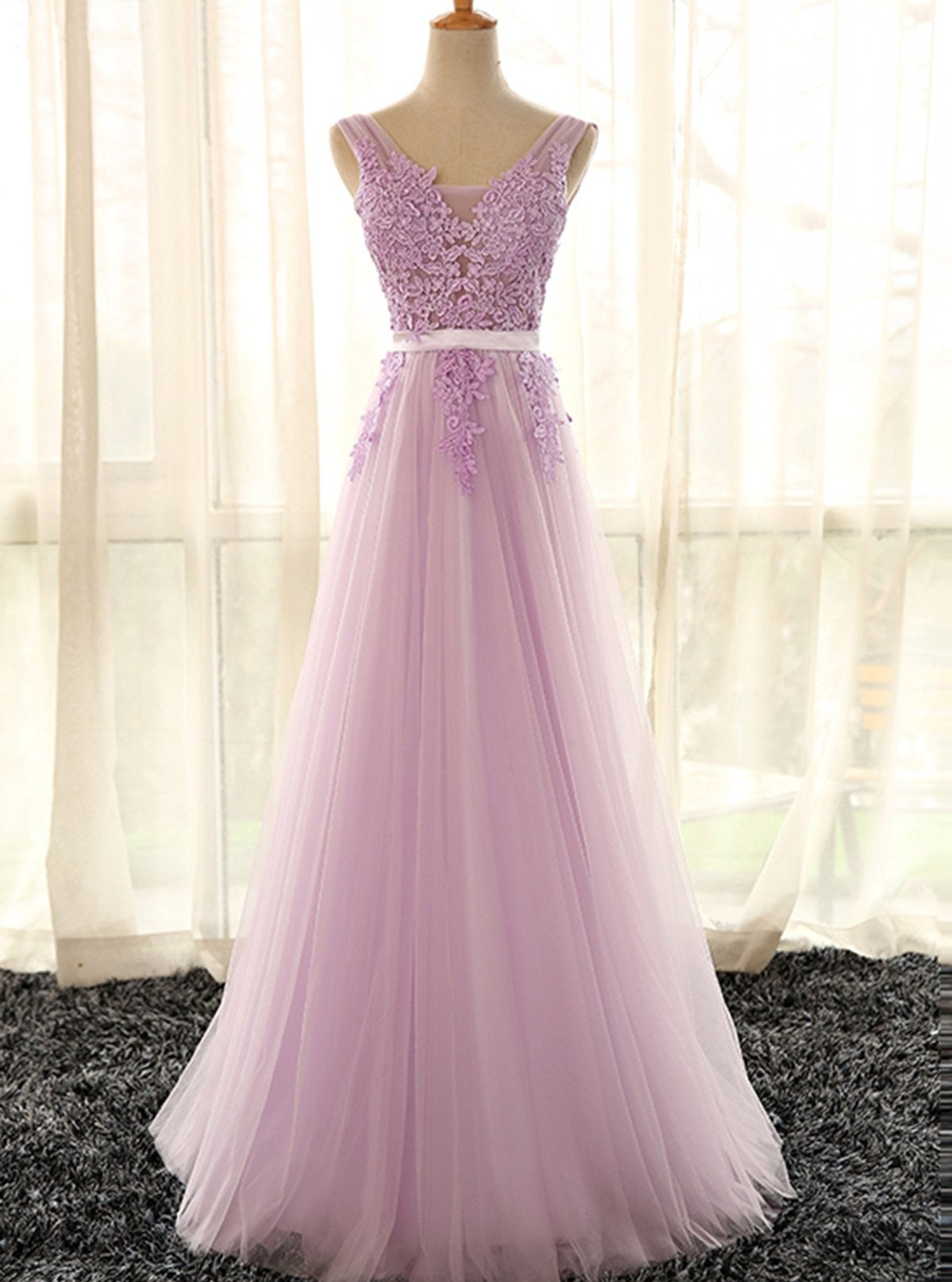 Lovely Tulle Lilac V-neckline Party Dress, Long Evening Gown
