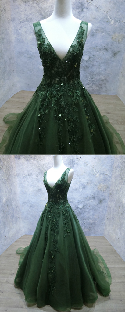Dark Green V-neckline Lace Applique Low Back Formal Dress, Green Tulle Prom Dress
