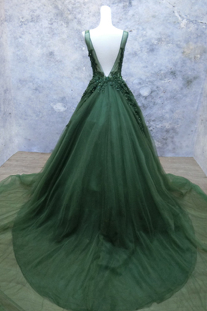 Dark Green V-neckline Lace Applique Low Back Formal Dress, Green Tulle Prom Dress