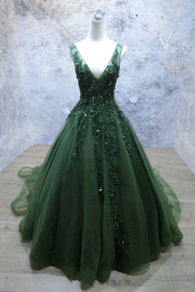 Dark Green V-neckline Lace Applique Low Back Formal Dress, Green Tulle Cutedressy Dark Green V-neckline Lace Applique Low Back Formal Dress, Green Tulle Cutedressy