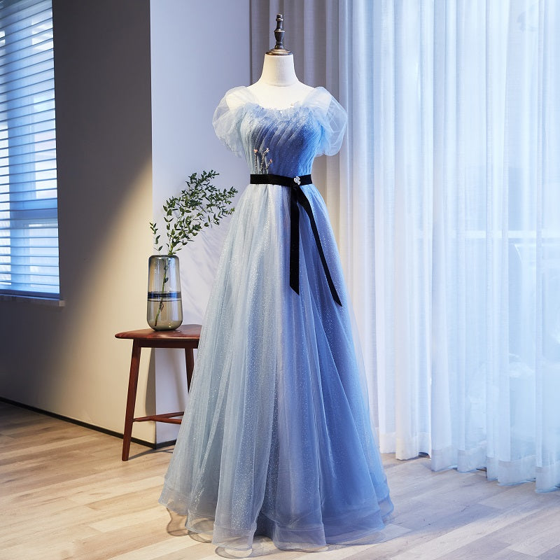 Lovely Blue Beaded Long Evening Dress New Style Party Dress, Blue Tull Cutedressy Lovely Blue Beaded Long Evening Dress New Style Party Dress, Blue Tull Cutedressy