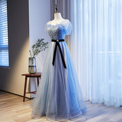 Lovely Blue Beaded Long Evening Dress New Style Party Dress, Blue Tulle Formal Dresses