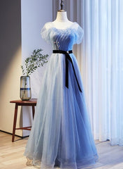 Lovely Blue Beaded Long Evening Dress New Style Party Dress, Blue Tulle Formal Dresses