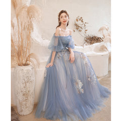 Lovely Blue Tulle with Lace Long Off Shoulder Formal Dresses, Blue Evening Gowns