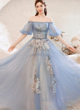 Lovely Blue Tulle with Lace Long Off Shoulder Formal Dresses, Blue Evening Gowns