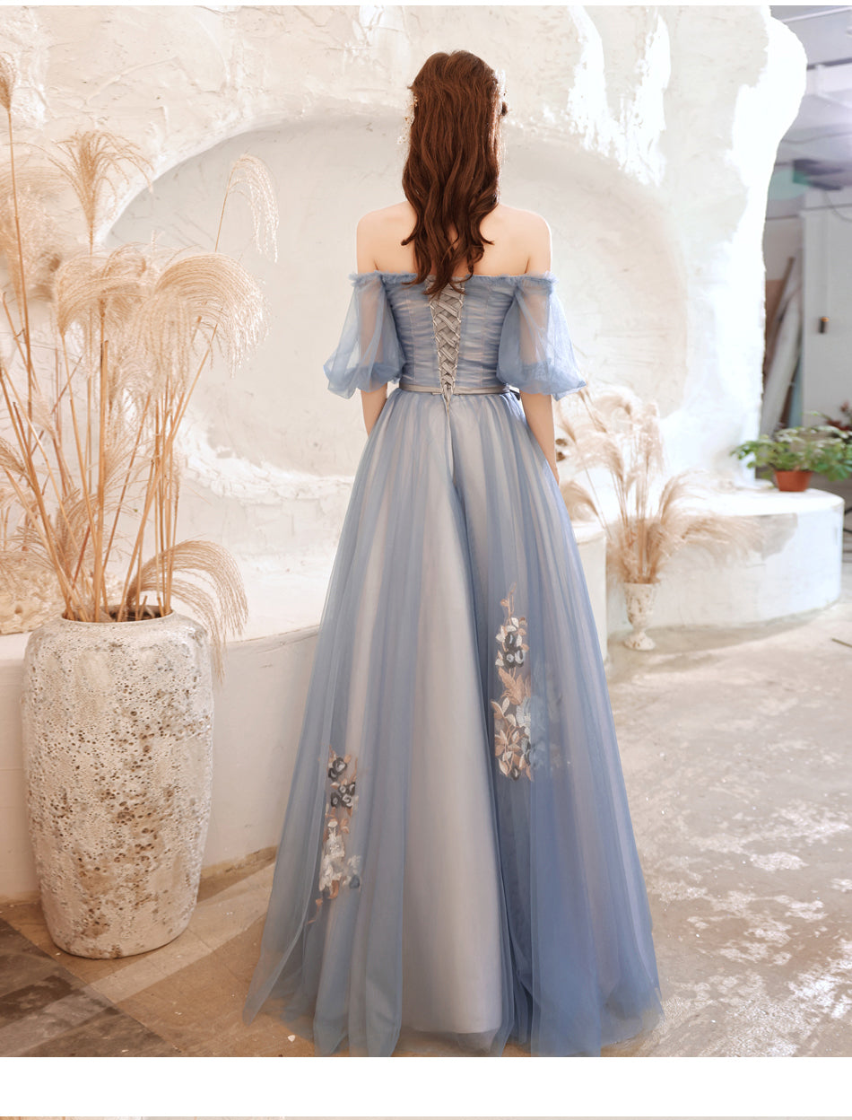 Lovely Blue Tulle with Lace Long Off Shoulder Formal Dresses, Blue Evening Gowns