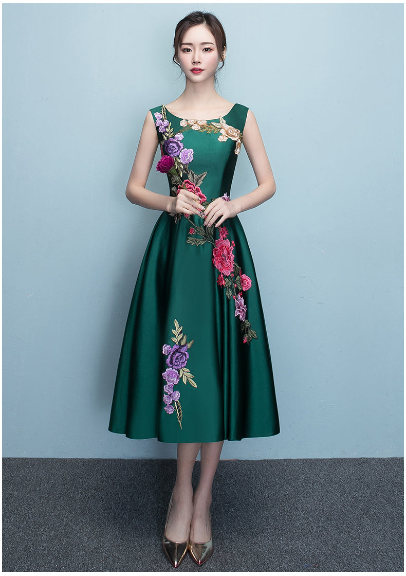 Lovely Dark Green Tea Length Simple Satin Bridesmaid Dress, Green Formal Dress Party Dress