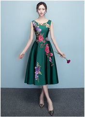 Lovely Dark Green Tea Length Simple Satin Bridesmaid Dress, Green Formal Dress Party Dress