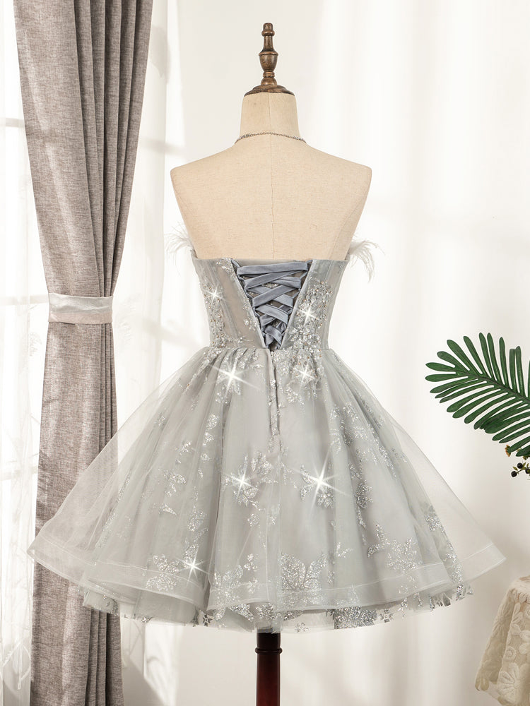 Lovely Grey Tulle with Shiny Lace Short Party Dress Homecoming Dress, Cute Prom Dress