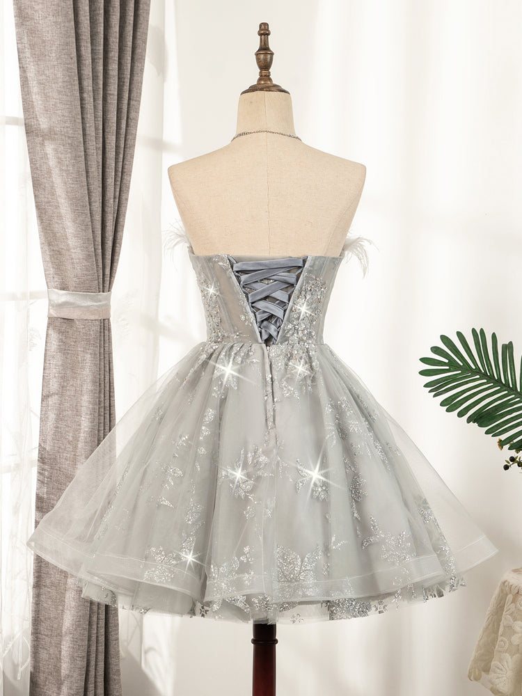 Grey Lace Tulle Short Sleeves Homecoming Dress Party Dress, Light Grey Formal Dresses