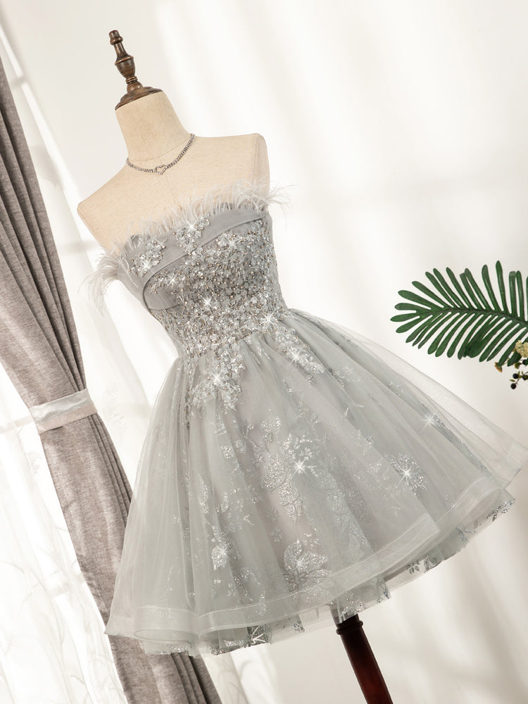 Lovely Grey Tulle with Shiny Lace Short Party Dress Homecoming Dress, Cutedressy Lovely Grey Tulle with Shiny Lace Short Party Dress Homecoming Dress, Cutedressy