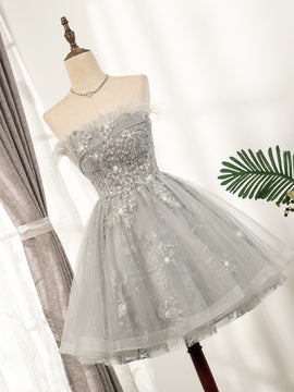 Lovely Grey Tulle with Shiny Lace Short Party Dress Homecoming Dress, Cute Prom Dress