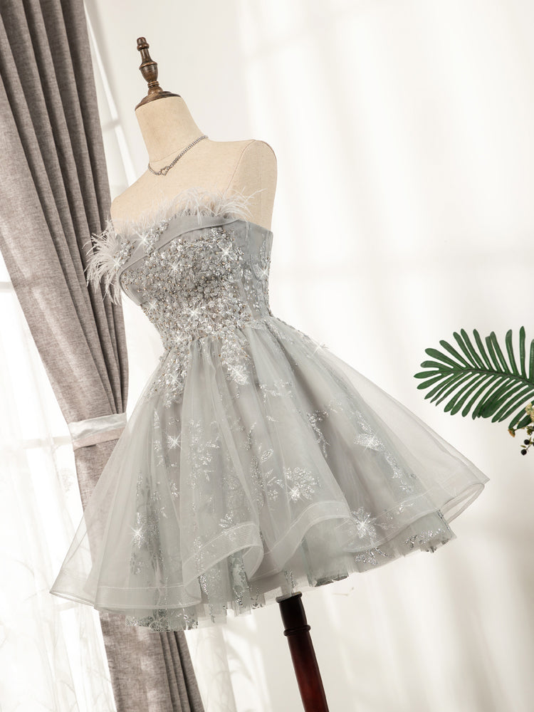 Lovely Grey Tulle with Shiny Lace Short Party Dress Homecoming Dress, Cutedressy Lovely Grey Tulle with Shiny Lace Short Party Dress Homecoming Dress, Cutedressy