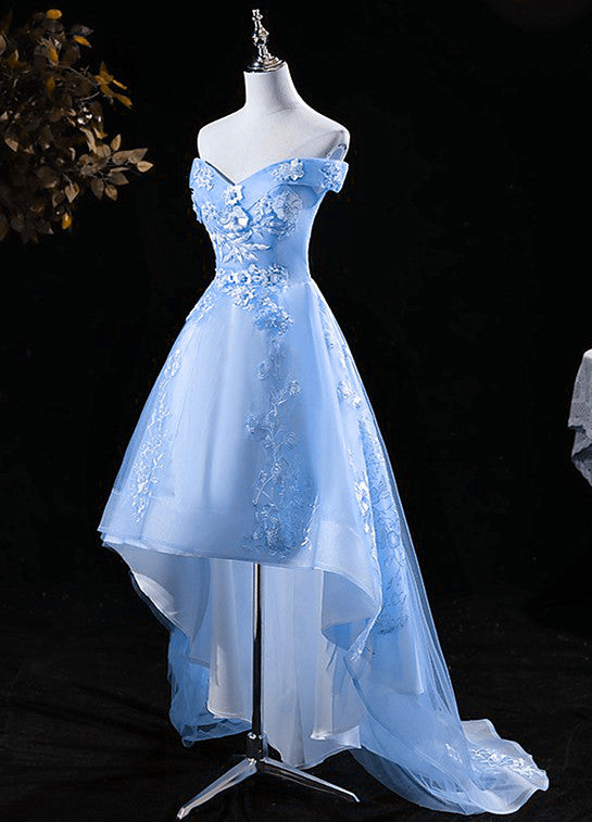 Lovely High Low Tulle Lace Applique Party Dress, Off Shoulder Homecoming Dresses