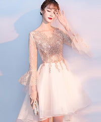 Lovely Ivory High Low Tulle Party Dress with Gold Lace Prom Dress, Cute Homecoming Dress