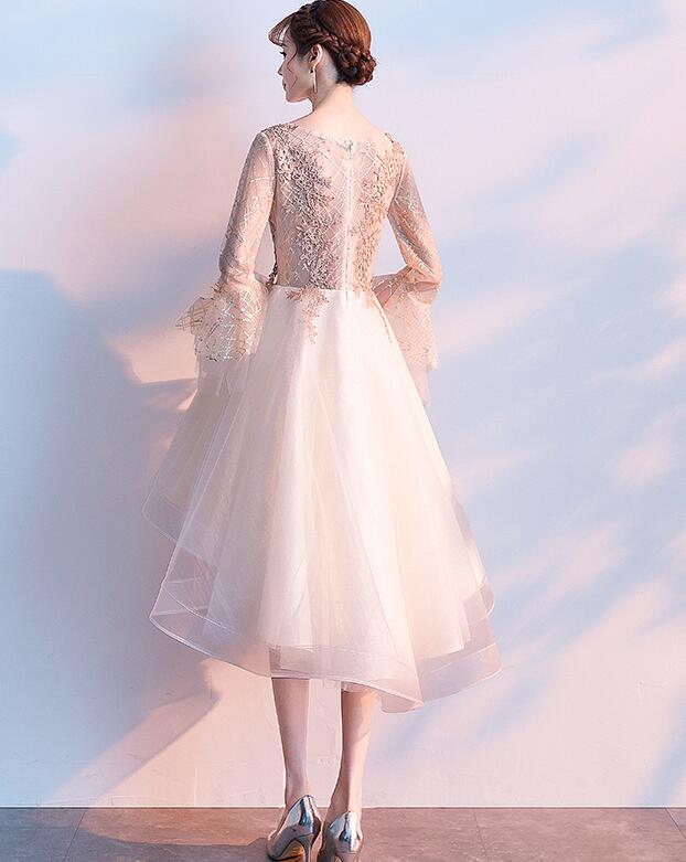 Lovely Ivory High Low Tulle Party Dress with Gold Lace Prom Dress, Cut Cutedressy Lovely Ivory High Low Tulle Party Dress with Gold Lace Prom Dress, Cut Cutedressy