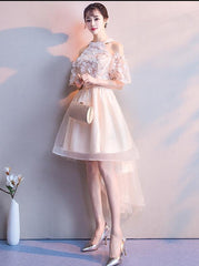Lovely Ivory Tulle High Low Lace Applique Short Prom Dress, High Low Homecoming Dresses