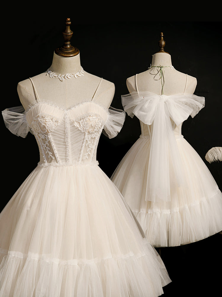 Lovely Ivory Tulle Straps Sweetheart Homecoming Dress with Bow, Short Prom Dress Party Dress