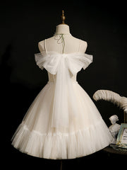 Lovely Ivory Tulle Straps Sweetheart Homecoming Dress with Bow, Short Prom Dress Party Dress