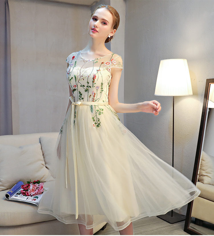 Lovely Light Champagne Cap Sleeves Floral Tea Length Party Dress, Cute Cutedressy Lovely Light Champagne Cap Sleeves Floral Tea Length Party Dress, Cute Cutedressy