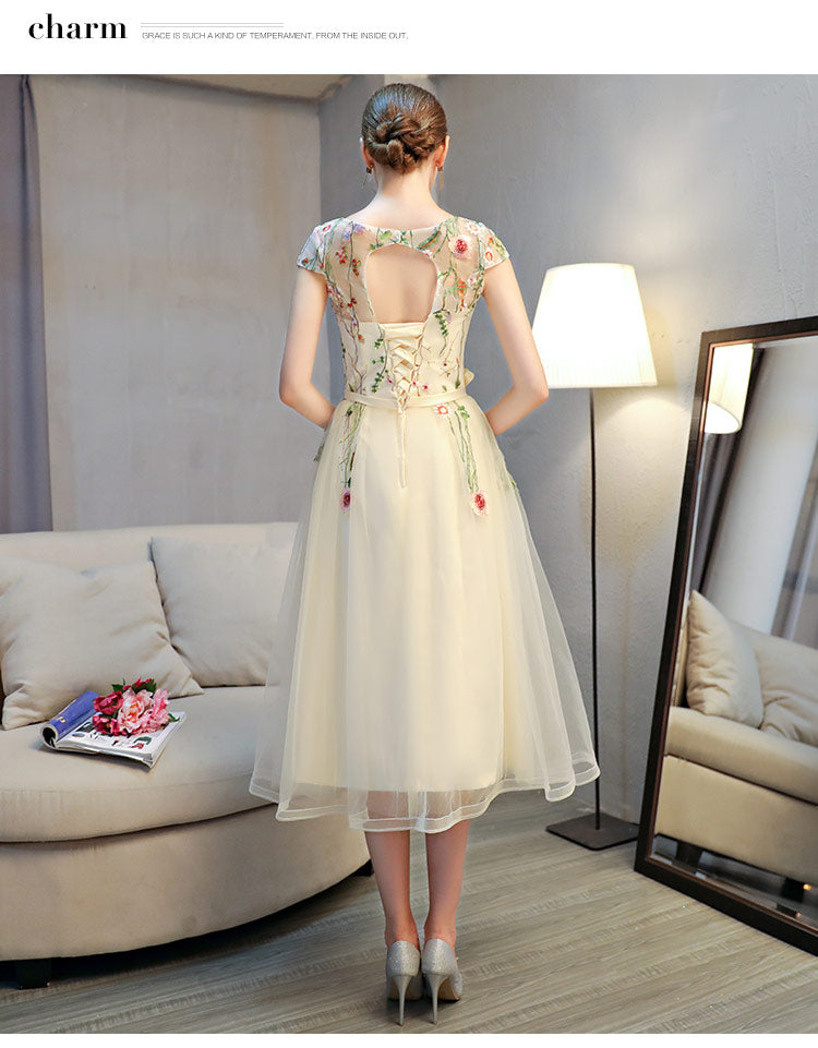Lovely Light Champagne Cap Sleeves Floral Tea Length Party Dress, Cute Cutedressy Lovely Light Champagne Cap Sleeves Floral Tea Length Party Dress, Cute Cutedressy