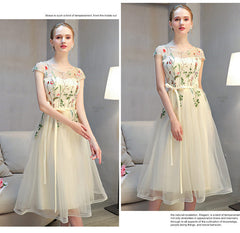 Lovely Light Champagne Cap Sleeves Floral Tea Length Party Dress, Cute Wedding Party Dresses