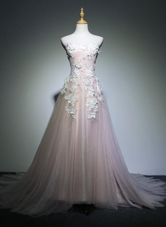 Lovely Light Pink Long Party Dress with Lace Applique Prom Dress, Tulle Evening Dresses Formal Gown