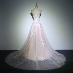 Lovely Light Pink Long Party Dress with Lace Applique Prom Dress, Tulle Evening Dresses Formal Gown