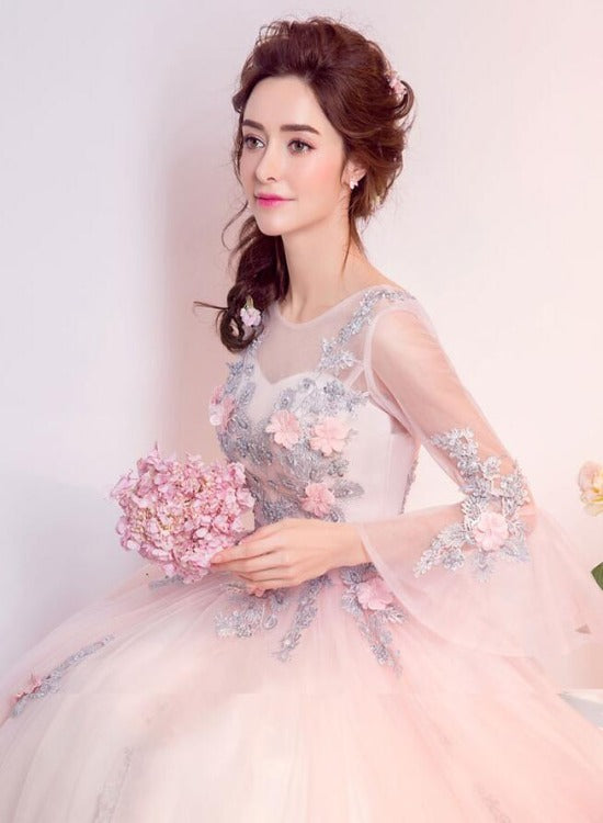 Lovely Light Pink Tulle Round Neckline Party Dress with Flower Lace, Pink Sweet 16 Gown