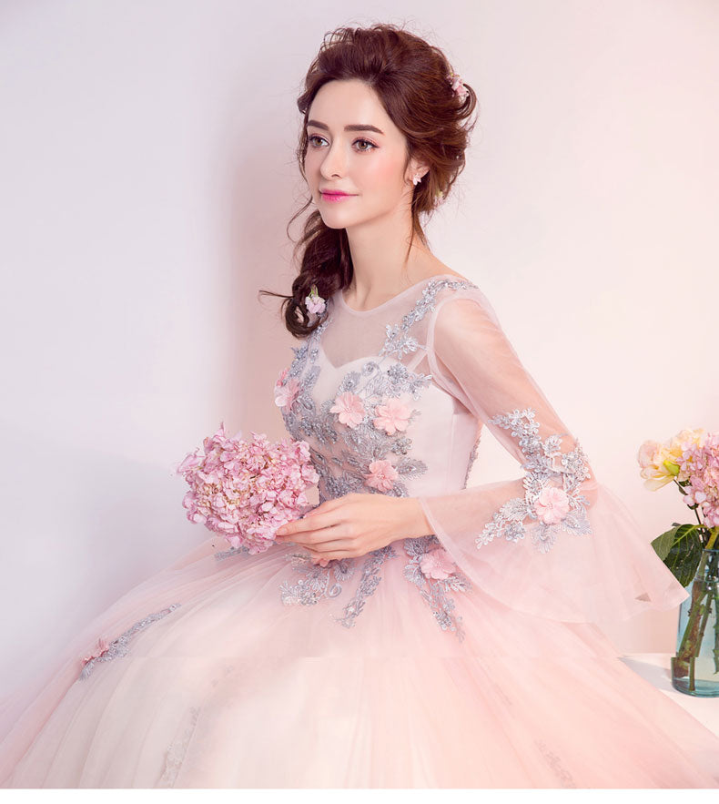 Lovely Light Pink Tulle Round Neckline Party Dress with Flower Lace, Pink Sweet 16 Gown