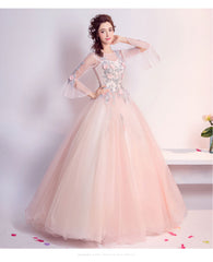 Lovely Light Pink Tulle Round Neckline Party Dress with Flower Lace, Pink Sweet 16 Gown