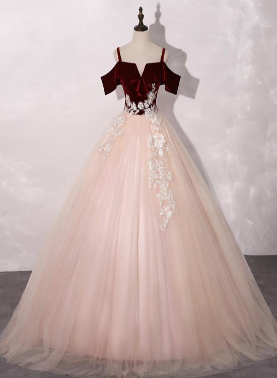 Lovely Light Pink Tulle Sweetheart Off Shoulder Velvet Top Sweet 16 Dress, Pink Prom Dresses