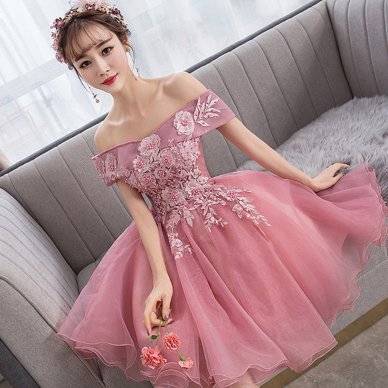 Lovely Pink Lace Applique Off Shoulder Cute Party Dress Homecoming Dress, Short Formal Dress