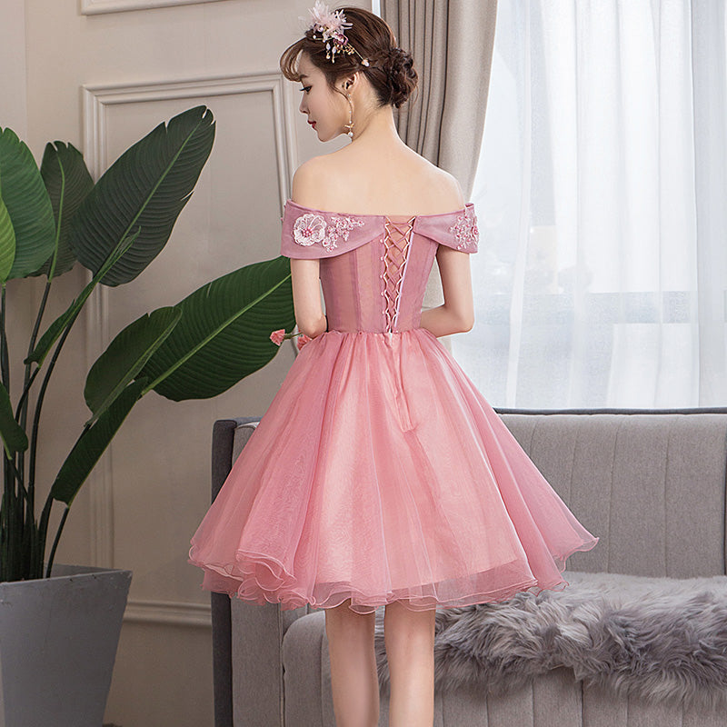 Lovely Pink Lace Applique Off Shoulder Cute Party Dress Homecoming Dress, Short Formal Dress