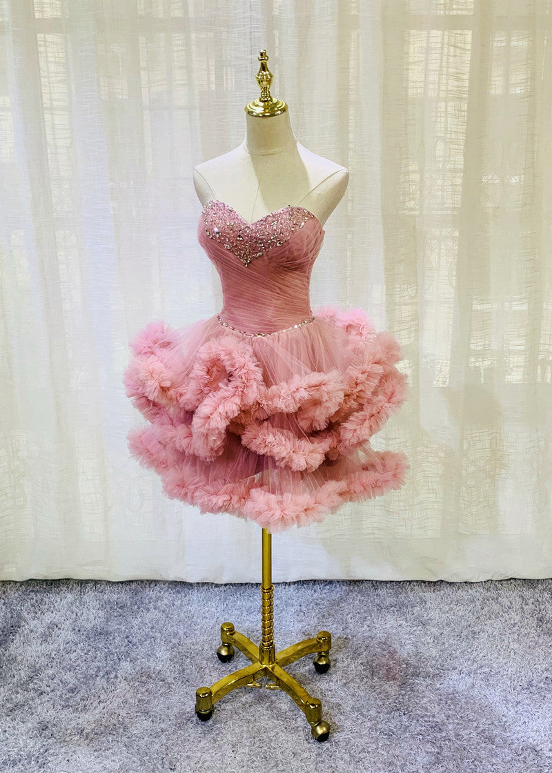 colorful short party dresses Rainbow Ruched Tulle puffy cocktail dress with Crystal Belt