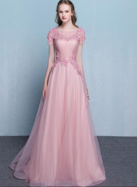 Lovely Pink Tulle Long Flowers and Lace Applique Long Formal Gown, Pink Tulle Party Dress Evening Dress