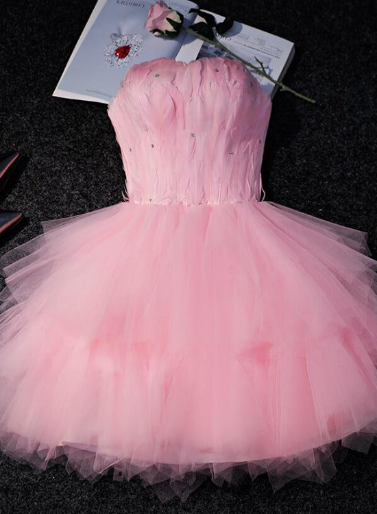 Lovely Pink Tulle Short Party Dress with Feather, Cute Pink Homecoming Dress