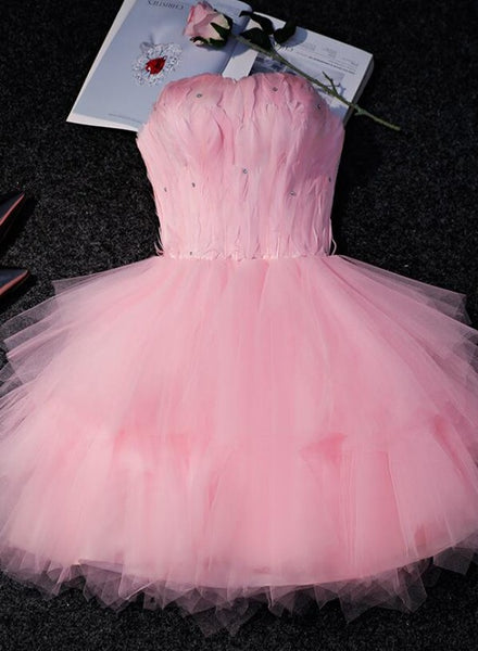 Lovely Pink Tulle Short Party Dress with Feather, Cute Pink Homecoming Cutedressy Lovely Pink Tulle Short Party Dress with Feather, Cute Pink Homecoming Cutedressy