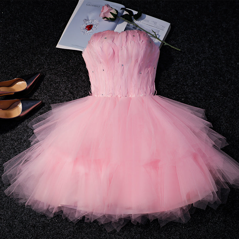 Lovely Pink Tulle Short Party Dress with Feather, Cute Pink Homecoming Dress