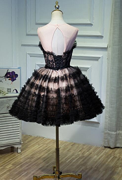 Lovely Pink and Black Short Party Dress with Bow, Cute Black Homecoming Dresses