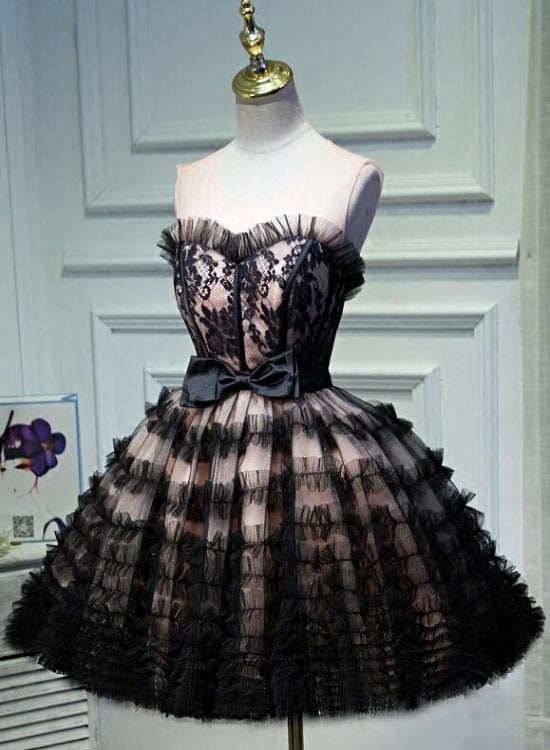 Lovely Pink and Black Short Party Dress with Bow, Cute Black Homecomin