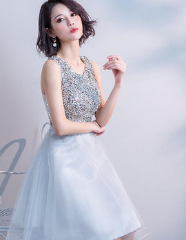 Lovely Sliver Grey Sequins Short Tulle Prom Dress Homecoming Dress, Grey Shiny Party Dresses