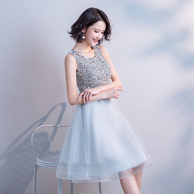 Lovely Sliver Grey Sequins Short Tulle Prom Dress Homecoming Dress, Gr – Cutedressy