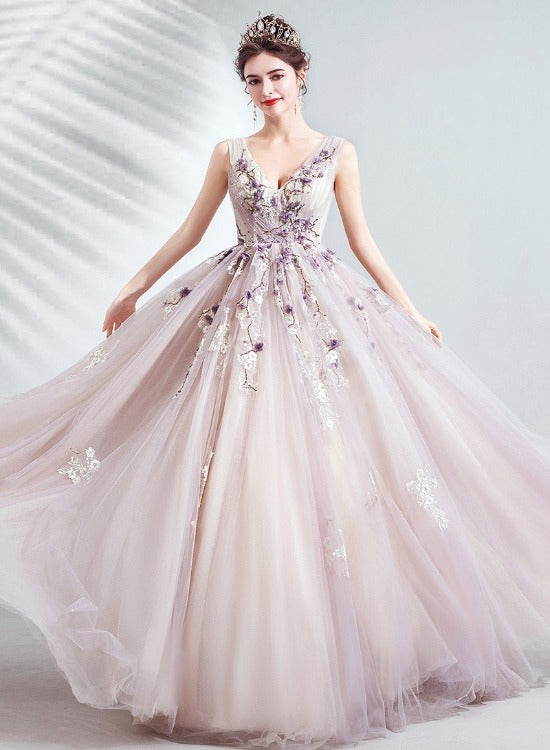 Lovely V-neckline Floral Lace A-line Elegant Wedding Party Dress, Charming Prom Dress Party Dresses
