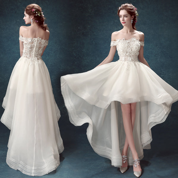 Lovely White High Low Lace Top Off Shoulder Party Dress, High Low Prom