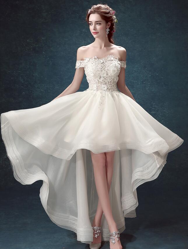 Lovely White High Low Lace Top Off Shoulder Party Dress, High Low Prom