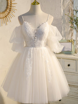 Lovely White Tulle with Lace V-neckline Short Prom Dress Party Dress, Cute Homecoming Dress