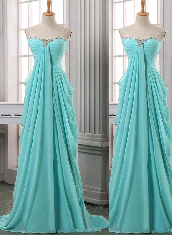 Charming Chiffon Long A-line Prom Dresses, Blue Sleeveless With Beadings Sweep Train Evening Gowns
